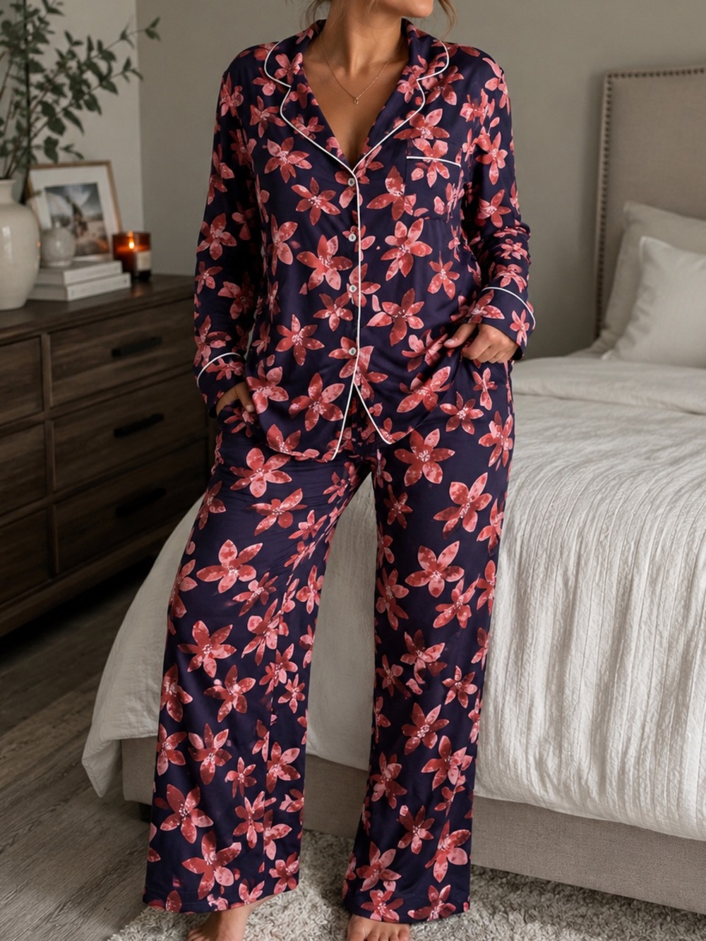 Women's Large Floral Honeydew Intimates Blue & Brown Floral Print Pajama Set